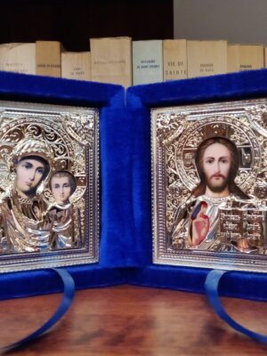 Riidest kaantega Kristuse ja Jumalaema kaksikikoon (15 x 13 cm, sinine)