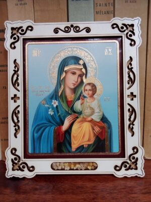 Jumalaema ikoon ("Närtsimatu õis") (valges raamis, ca 15,2 x 13,1 cm)