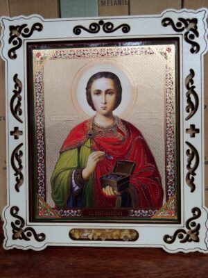 Püha Panteleimoni ikoon (valges raamis, ca 15,2 x 13,1 cm)