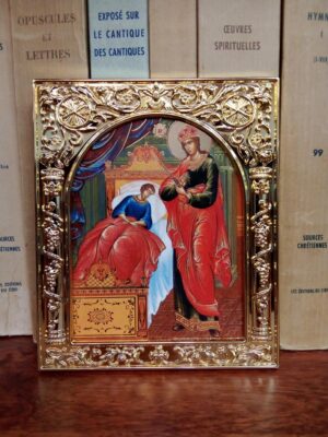 Jumalaema (tervendaja) ikoon (kuldse raamiga, ca 12,3 x 10,3 cm)