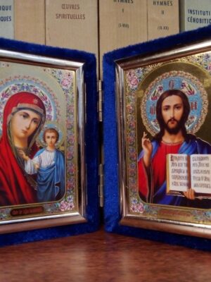 Kristuse ja Jumalaema kaksikikoon (siniste kaantega, ca 11 x 9 cm)