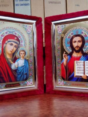 Kristuse ja Jumalaema kaksikikoon (punaste kaantega, ca 11 x 9 cm)