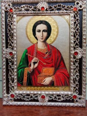 Püha Panteleimoni ikoon (ornamentidega raam, ca 14,5 x 11,5 cm)