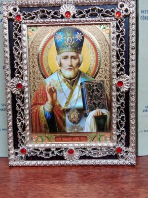 Püha piiskop Nikolai ikoon (ornamentidega raam, ca 14,5 x 11,5 cm)